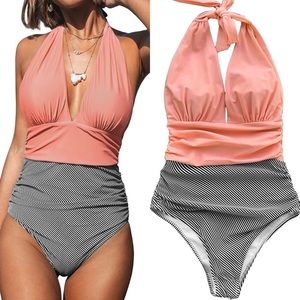 NWT-CUPSHE Halter Plunge Neck Ruched Tummy Control